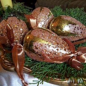 SET OF 4 / LARGE GREEN MERCURY GLASS PEAR ORNAMENTS